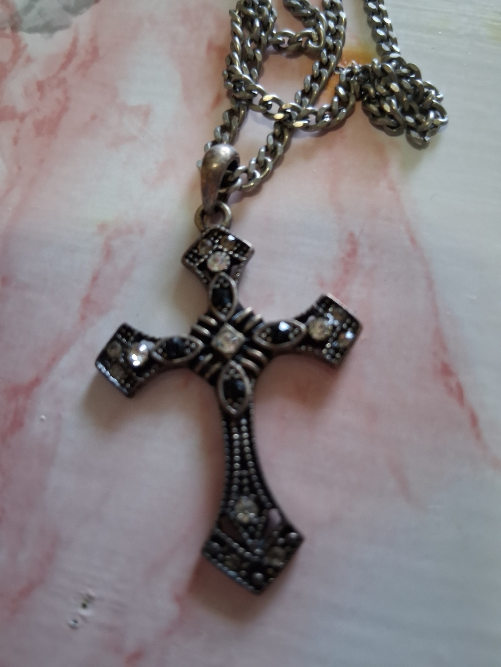 Source Unknown Silver-Tone Cross Necklace with Clear Accents